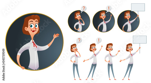 Finding a new idea concept. Set of cartoon woman thinks about a problem, finds a solution and demonstrates it. Vector illustration. Isolated on white.