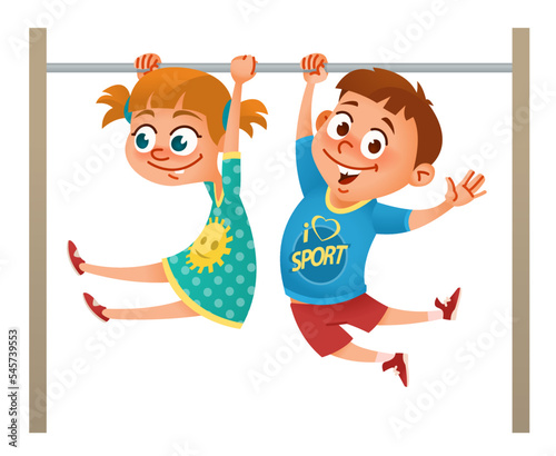 Funny cartoon girl and boy love sports and play on the horizontal bar. Vector illustration. Isolated on white background.