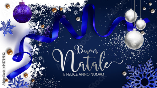 Obraz na płótnie tarjeta o pancarta con Feliz Navidad y Feliz Año Nuevo en plata sobre un fondo azul marino y blanco con copos de nieve, bolas de Navidad, una cinta azul y brillo plateado w salonie