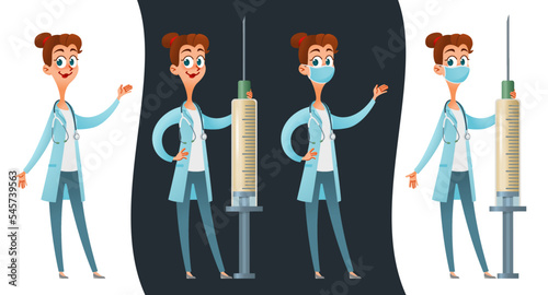 Сartoon woman doctor or nurse with stethoscope and huge syringe.  Vector illustration dedicated to medicine in general and vaccination in particular. Оn a dark background and isolated on white. 