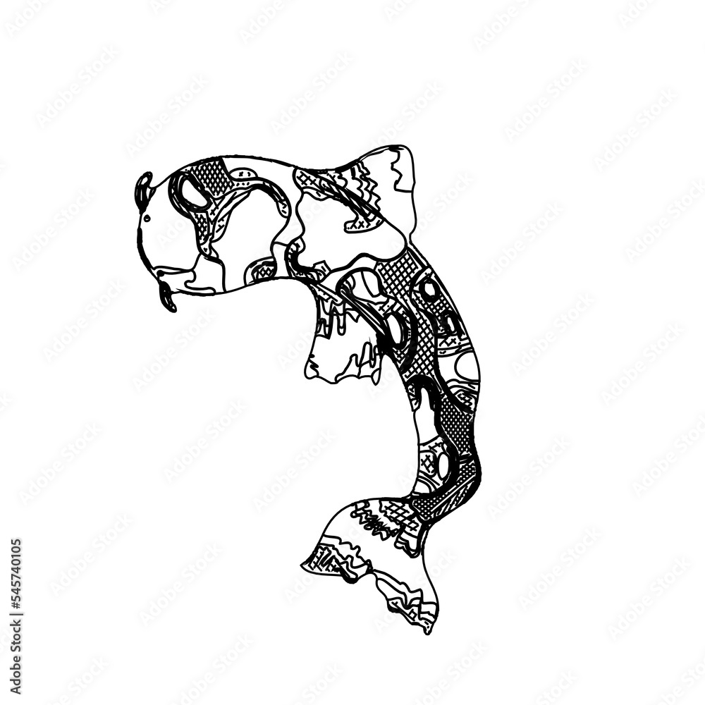 Koi fish black and white sketch design with a transparent background