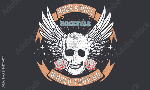 Rock and roll vector t-shirt design. Rose vintage music poster artwork. Eagle wing rock and roll vector print illustration.