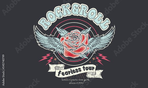 Rose rock graphic t-shirt print design. Eagle wing rock and roll vector print illustration. Fearless music tour.