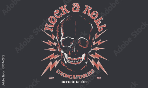 Strong and fearless graphic print design.  Skulls rock and roll vintage artwork for t-shirt and apparel design, typography, print, logo, poster.