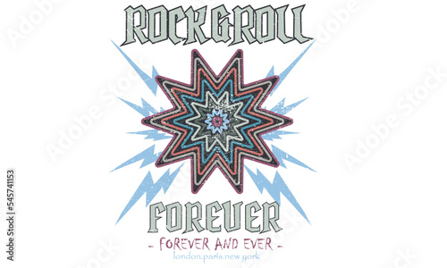 Star rock and roll vector print design. Rocking vector graphic print design for apparel, stickers, posters, background and others. Rock tour vintage artwork.	