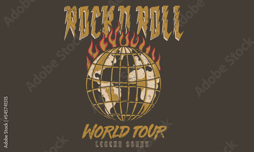 Music world tour vintage print design. Rock and roll vector t-shirt design. 