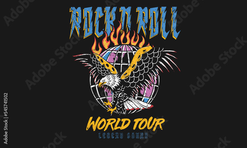 Rock and roll, World tour vector print design. Eagle fly graphic print design. World fire artwork. 