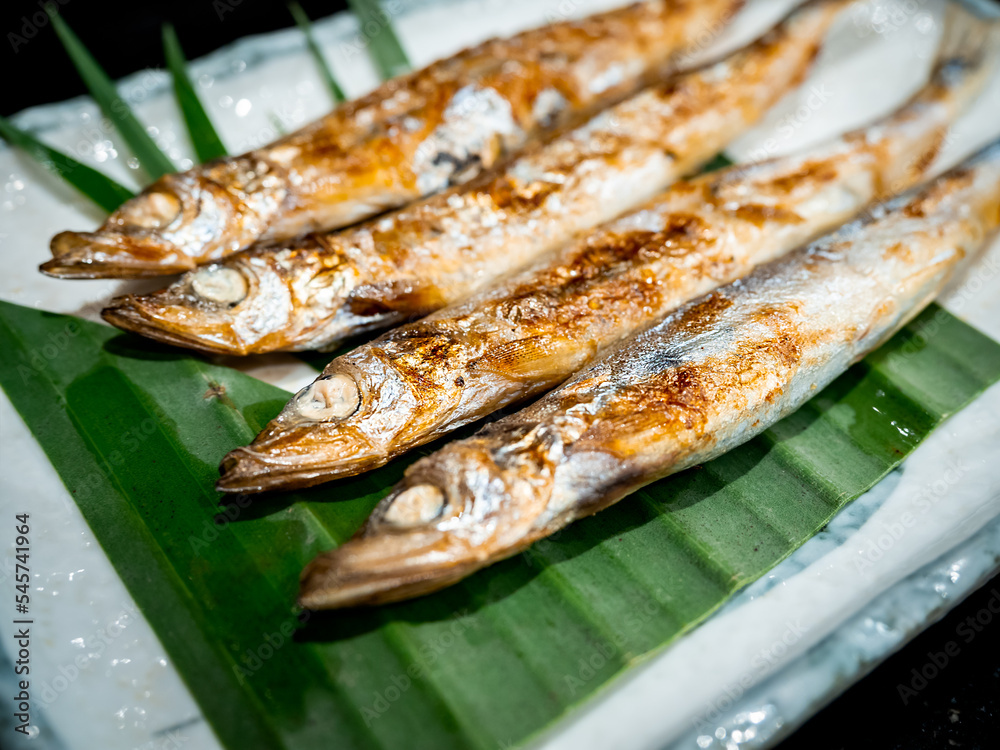 Close-up grilled shishamo fish on banana leaf on white rectangle plate on dark background, delicious japanese food style.