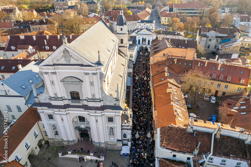 Aerial autumn fall sunny view of Gates of Dawn, Vilnius old town, Lithuania