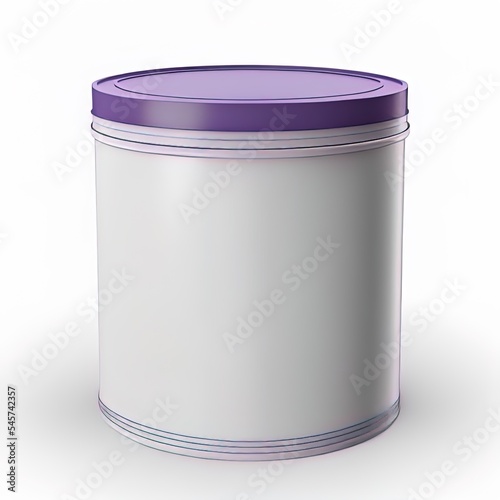 3D realistic render of Round white tin can with purple plastic lid, Container for tea, coffee, sugar, candy, food, spice or paint. Realistic packaging mock up template with clipping path.
