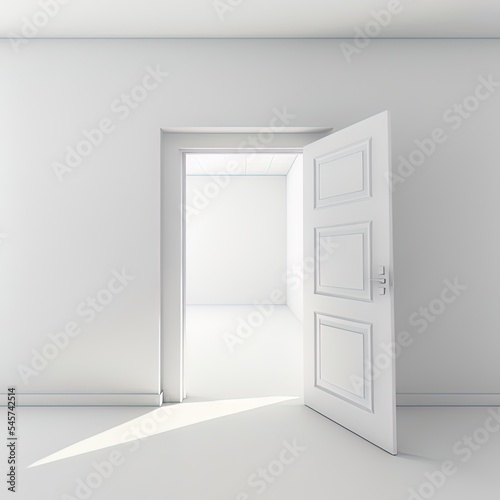 3D render. open door in empty white studio room.