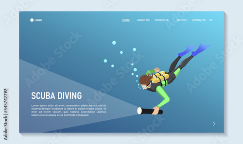 Scuba diving poster. Extreme diver with flashlight. Snorkeling template isometric concept. Traveling, touristic sport activity, summer underwater hobby landing page for web design. Vector illustration