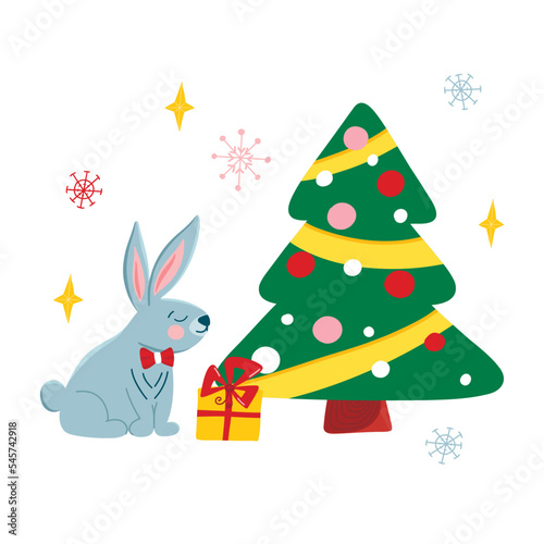 Vector poster with cute Christmas gray rabbit and squirrel in cartoon style, symbol of the year