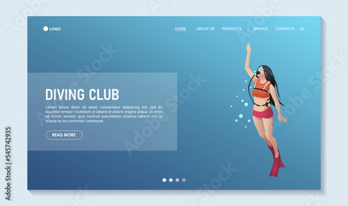 Scuba diving poster. Snorkeling template isometric concept. Traveling, touristic, sport activity, summer underwater hobby landing page for web design. Woman free diver in swimsuit. Vector illustration