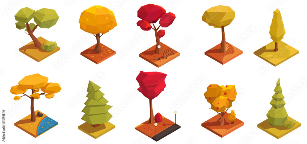 Set of autumn trees in various colors and different crowns. Forrest plants in polygonal, geometric, 3d isometric concept. Design element for graphic city map park and garden. Vector illustration Set of autumn trees in various colors and different crowns. Forrest plants in polygonal, geometric, 3d isometric concept. Design element for graphic city map park and garden. Vector illustration