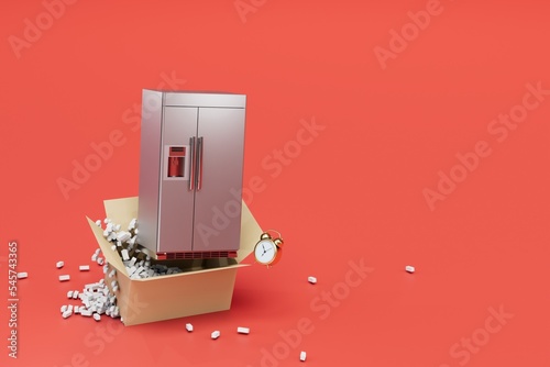 purchase and delivery of a refrigerator. open box with refrigerator on a red background. copy paste. 3D render