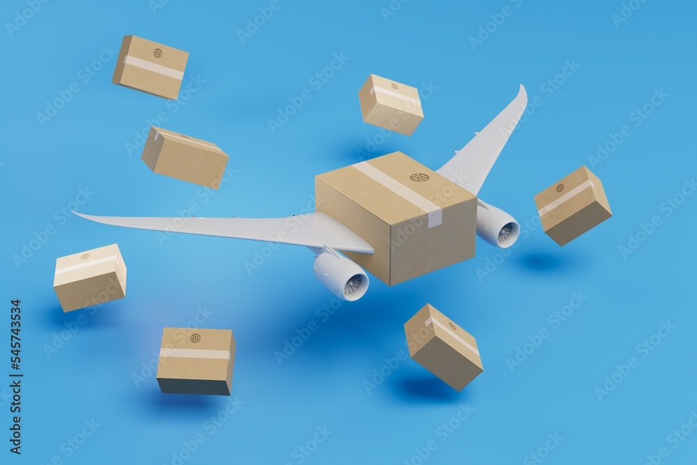 delivery of parcels by plane. a parcel with the wings of the aircraft next to other parcels. 3D render