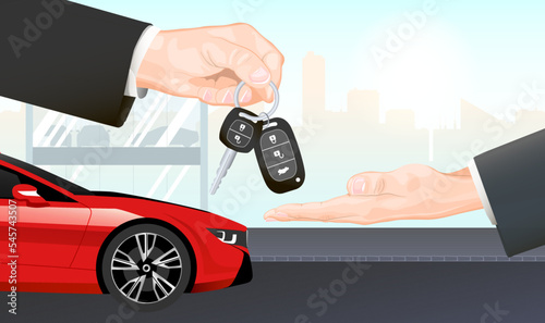 Hands giving keys in dealer showroom of new red car, automobile. Woman and agent at deal purchase sell, rent or get full car service. Realistic men hand in black suit with keys. vector illustration