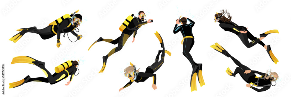Set of divers characters illustration isolated on white background. People in diving mask, wetsuit gear, diver man and woman. Underwater activity snorkeling and swimming aqualung. Vector illustration