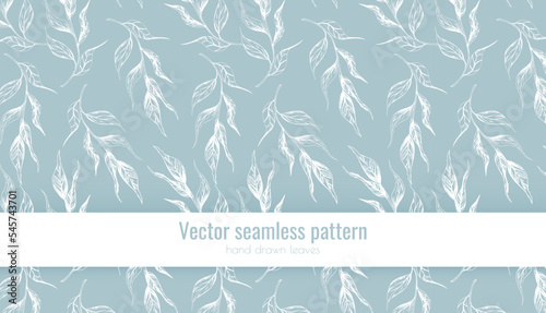 Vector scandinavian seamless pattern of vintage leaves on pale blue background. Hand drawn botanical illustration. Tea tree twigs. Decorative art element for packaging layout design, wrapping paper.