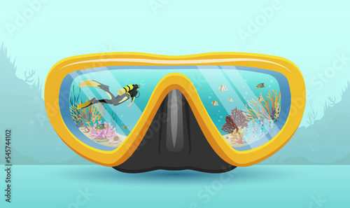 Diving mask with seascape background. Scuba diver swimming underwater on seabed inside glasses. Free diving club concept realistic poster. Summer vacation ocean travelling tourism. Vector illustration