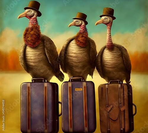Three Turkeys With Luggage | Created Using Midjourney and Photoshop