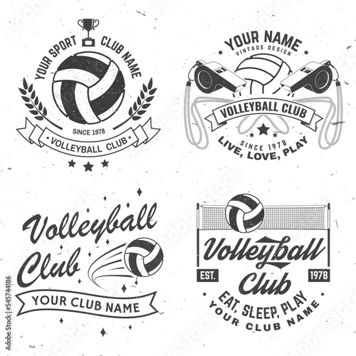 Set of volleyball club badge design. Vector illustration. For college league sport club emblem, sign, logo. Vintage monochrome label, sticker, patch with volleyball ball, player, net and referee