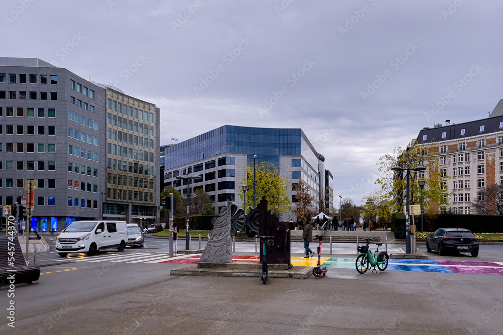 Pedestrian rainbow colored zebra crossing markings in LGBT colors in