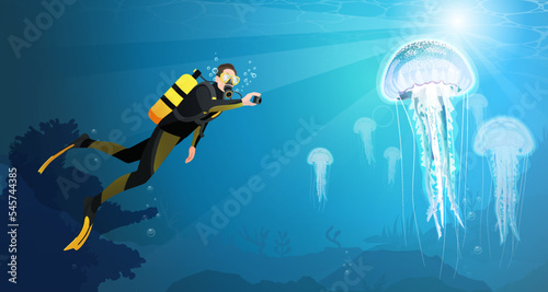 Fototapeta Naklejka Na Ścianę i Meble -  Scuba diver man swimming underwater in ocean, take a photo big jellyfish with camera. Diving sport in wetsuit with oxygen tank, gear, equipment, aqualung, fins on deep seabed. Flat vector illustration