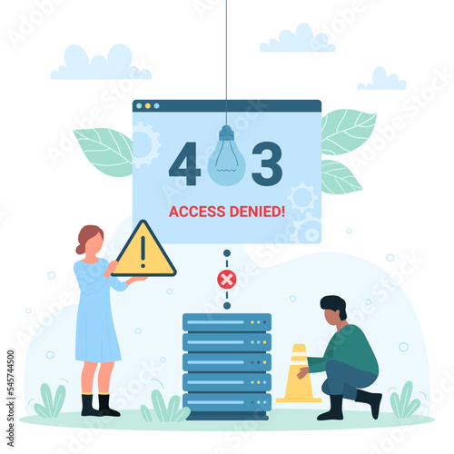 403 error, access denied vector illustration. Cartoon tiny people holding warning problem message and traffic cone of construction site, connection disconnect and network denial to load web page