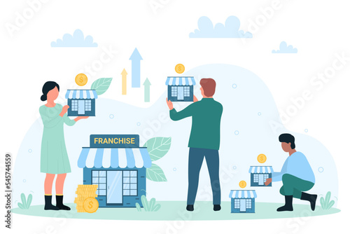 Franchise business management, development and branch expansion vector illustration. Cartoon people holding small models of store or restaurant houses, expand network of corporate enterprises photo