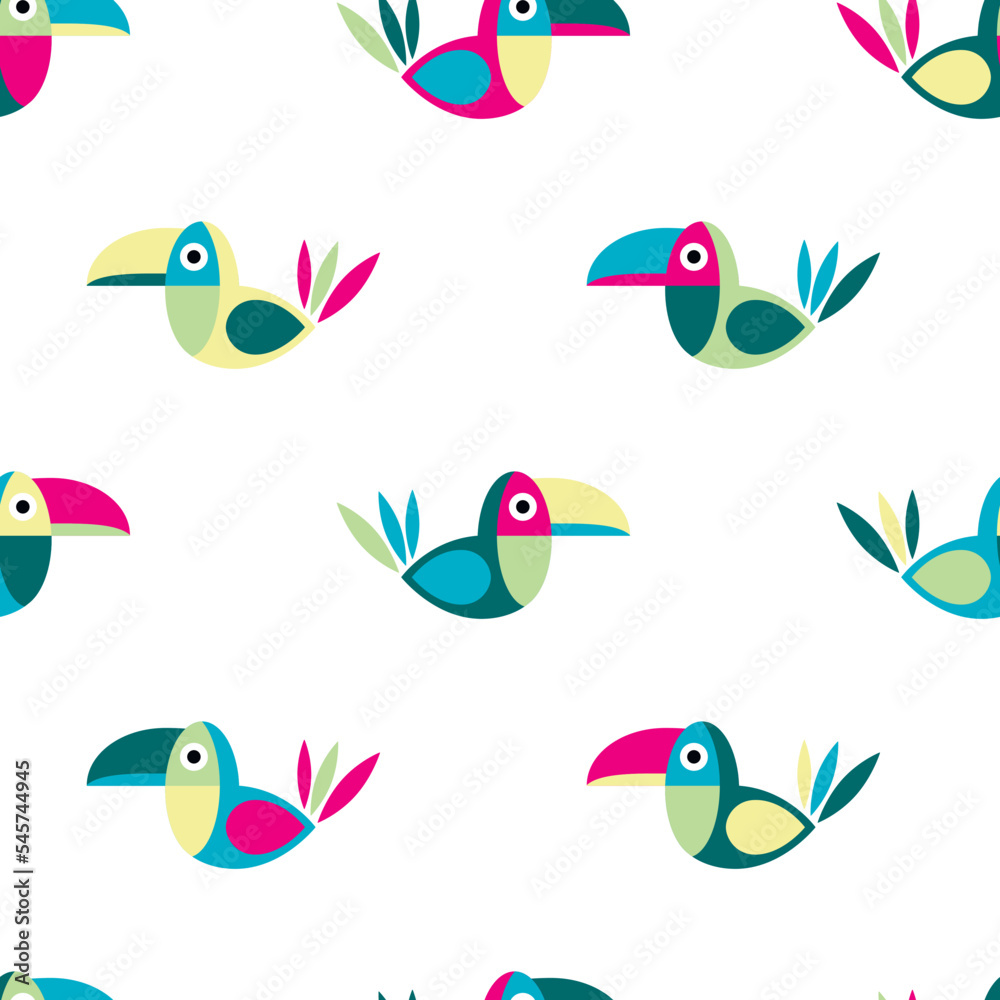 Seamless pattern with stylish colorful toucans on white background.