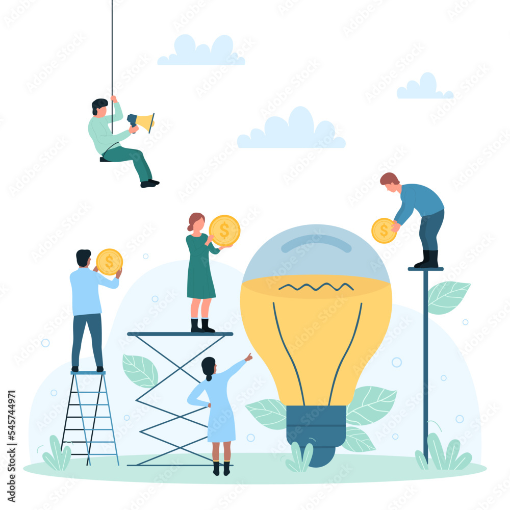 Crowdfunding, alternative investment in venture vector illustration. Cartoon tiny people holding money coins near big light bulb, collective funding and investing capitals in project by sponsors