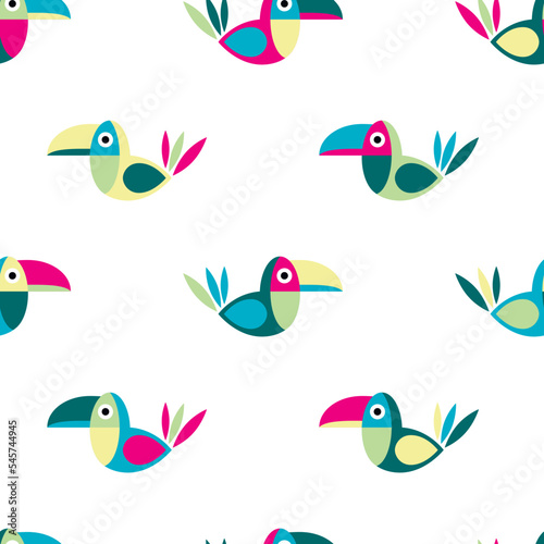 Seamless pattern with stylish colorful toucans on white background. © LILIIA
