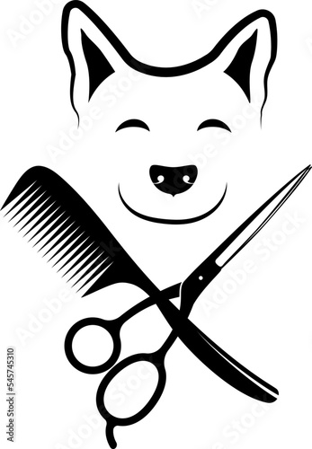 Groomer scissors and comb. Cheerful muzzle of a dog