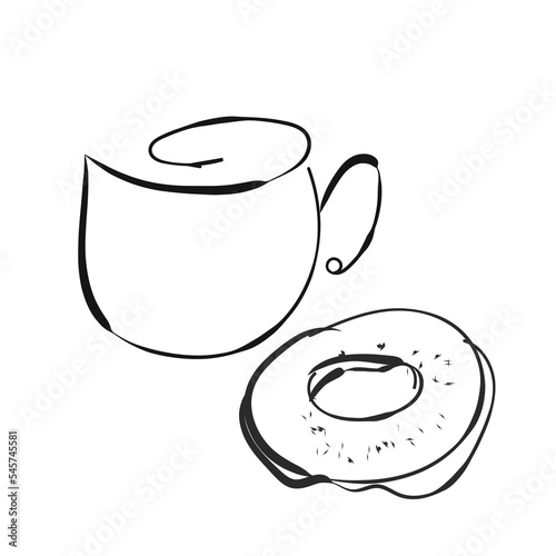 Cups with coffee and tea. Donut. Picture. Logo. Set.