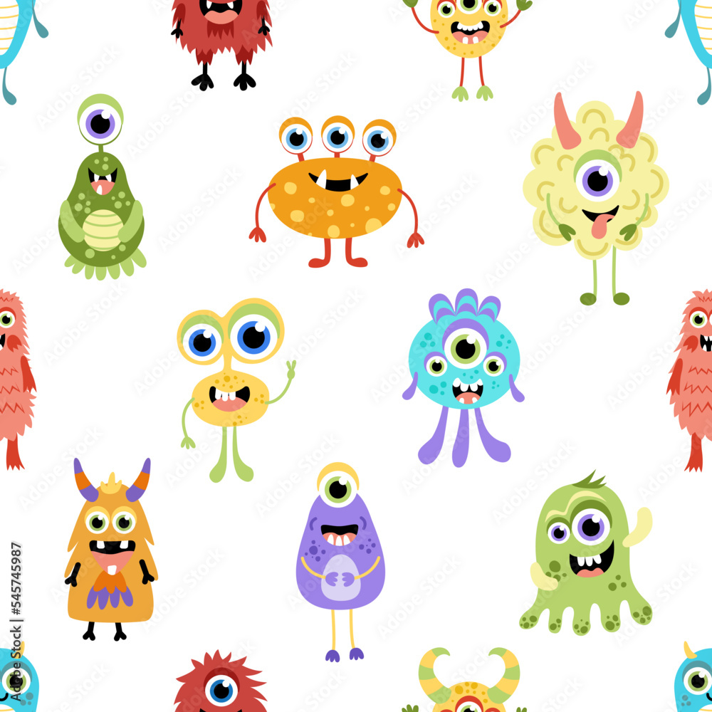 Monster seamless pattern. Cute jolly colorful monsters. Flat, cartoon, vector Monster seamless pattern. Cute jolly colorful monsters. Flat, cartoon, vector