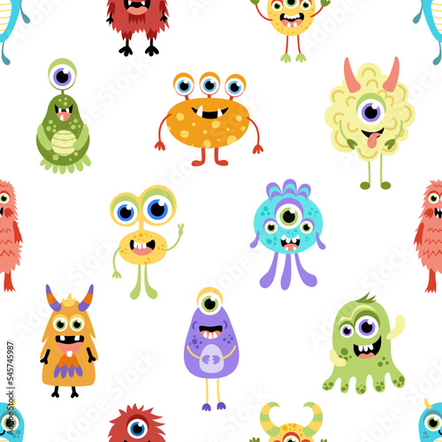 Monster seamless pattern. Cute jolly colorful monsters. Flat  cartoon  vector