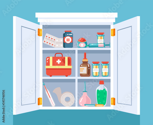 Medical cabinet cupboard home pharmacy shelf concept. Vector graphic design illustration element