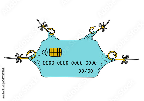 A credit card is caught by many fishing hooks. Theft of funds from credit and bank cards. Fraud, phishing. Phishing scam. Freehand drawing. Doodle. Hand Drawn.	