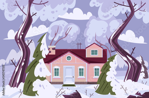 Winter city town snow forest village cityscape concept. Vector graphic design illustration element