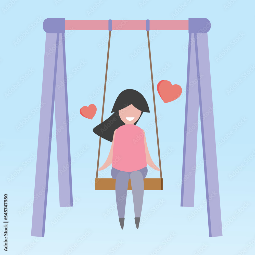 Swing vector of joyful lovely girl or woman or female sit up on swing in mood happy love heart. Vector illustration swing paper art love style couple concept for valentine's day or online shopping. Swing vector of joyful lovely girl or woman or female sit up on swing in mood happy love heart. Vector illustration swing paper art love style couple concept for valentine's day or online shopping.