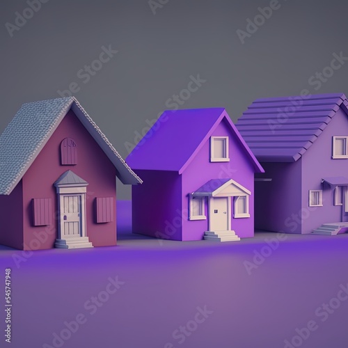 Three simple houses on violet background, 3d render
