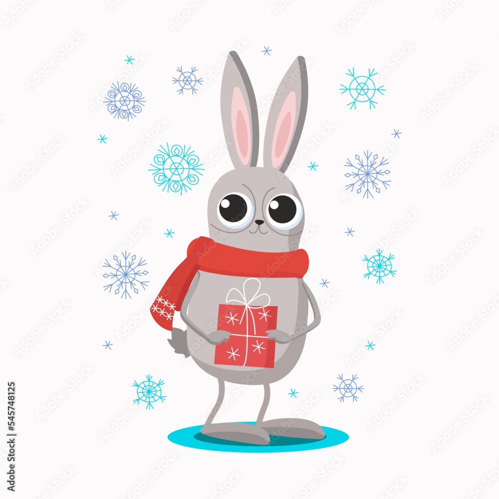 Rabbit, bunny with a gift. A gift in a festive package. Christmas, New Year. Cute cartoon hare in a red scarf and snowflakes. Symbol of the Chinese New Year. Vector graphics, winter illustration. Rabbit, bunny with a gift. A gift in a festive package. Christmas, New Year. Cute cartoon hare in a red scarf and snowflakes. Symbol of the Chinese New Year. Vector graphics, winter illustration.