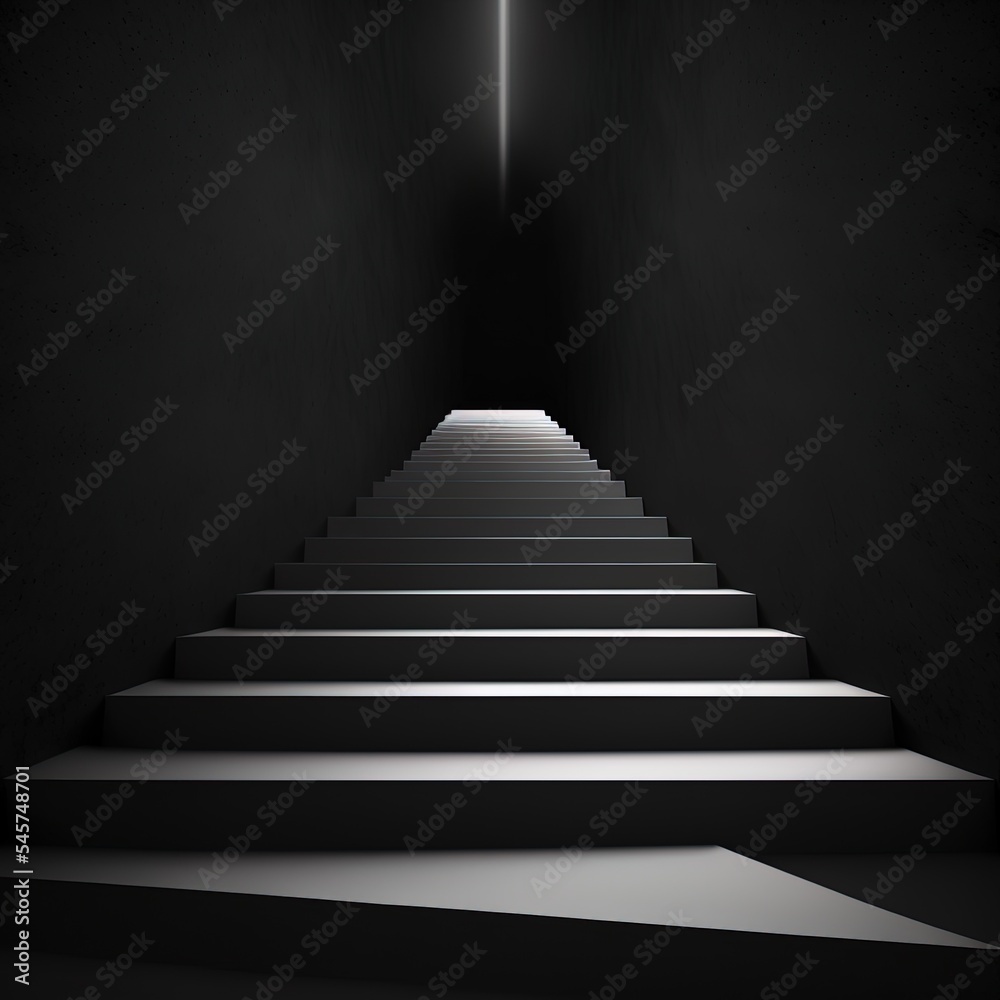 Black ascending stairs of rising staircase going upward in empty black room, abstract 3D illustration. Business growth, progress way and forward achievement problems in the dark creative concept. Black ascending stairs of rising staircase going upward in empty black room, abstract 3D illustration. Business growth, progress way and forward achievement problems in the dark creative concept.