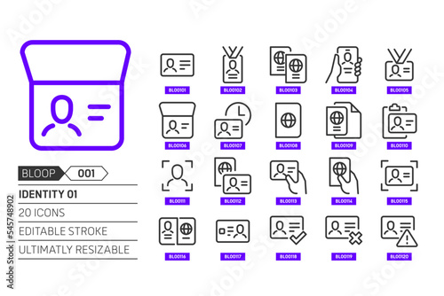 Identity documents related, pixel perfect, editable stroke, up scalable, line, vector bloop icon set.