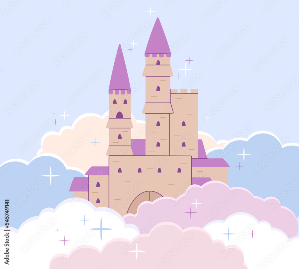 Castle medieval background. Fairytale pink fort in cartoon clouds. Princess fantasy building, tale magic palace. Baby fortress decent vector design