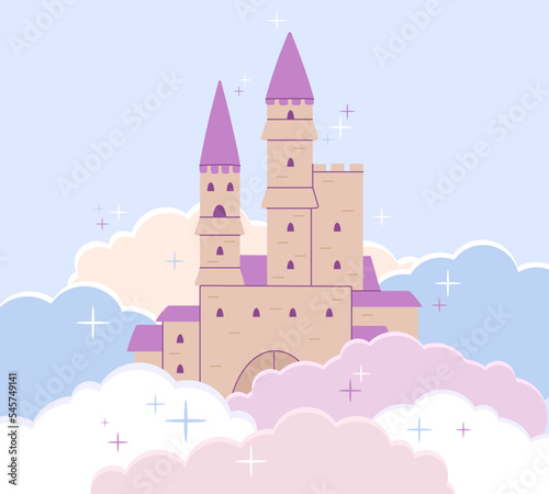 Castle medieval background. Fairytale pink fort in cartoon clouds. Princess fantasy building, tale magic palace. Baby fortress decent vector design