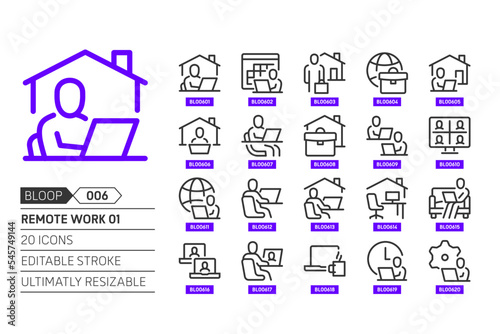 Remote work 01 related, pixel perfect, editable stroke, up scalable, line, vector bloop icon set.