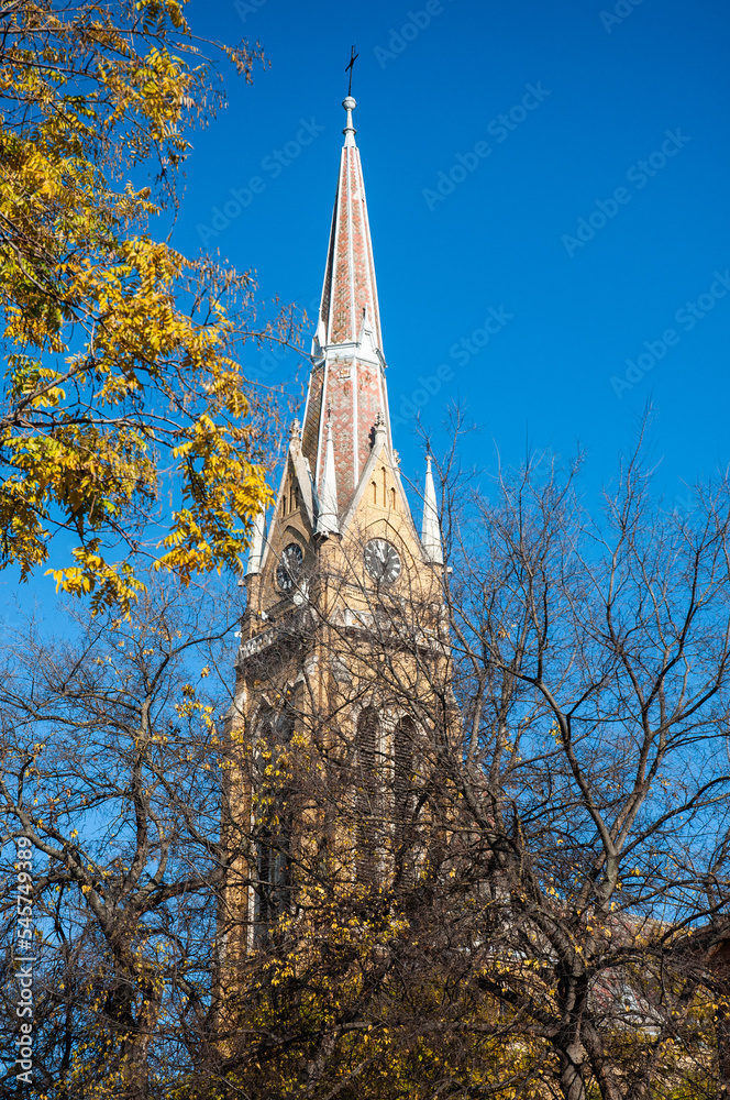 Backa Topola, Serbia, November 2022: Roman Roman Catholic Church of the Immaculate Virgin Mary in Backa Topola. It has the tallest tower in Eastern Europe 72.7 m.
